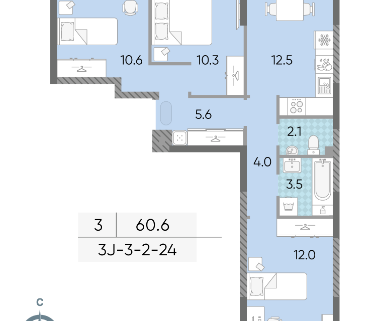 Продаётся 3-комнатная квартира, 60.6 м²