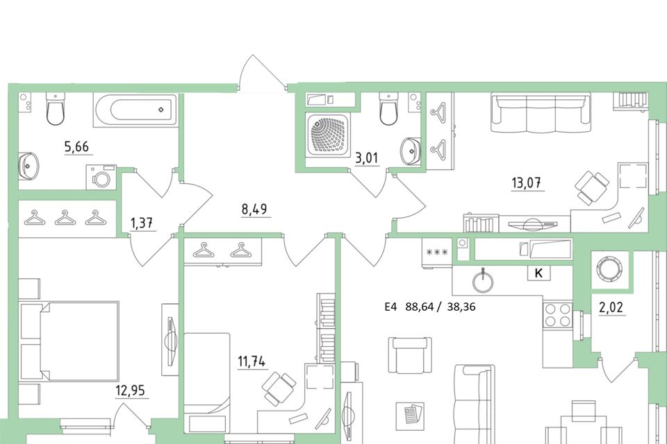 Продаётся 3-комнатная квартира, 88.64 м²
