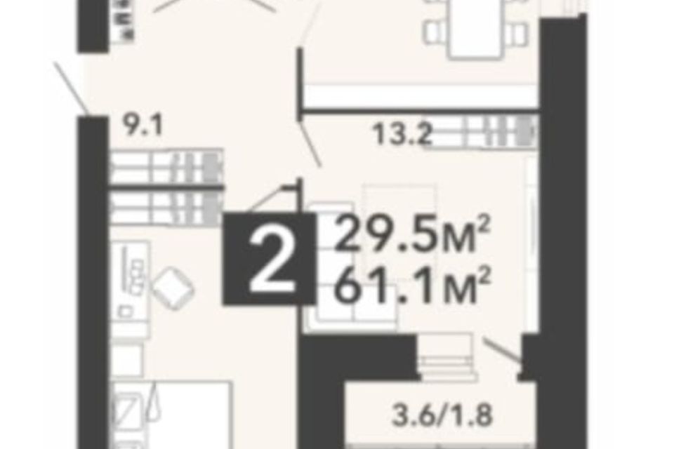 Продаётся 2-комнатная квартира, 61.1 м²
