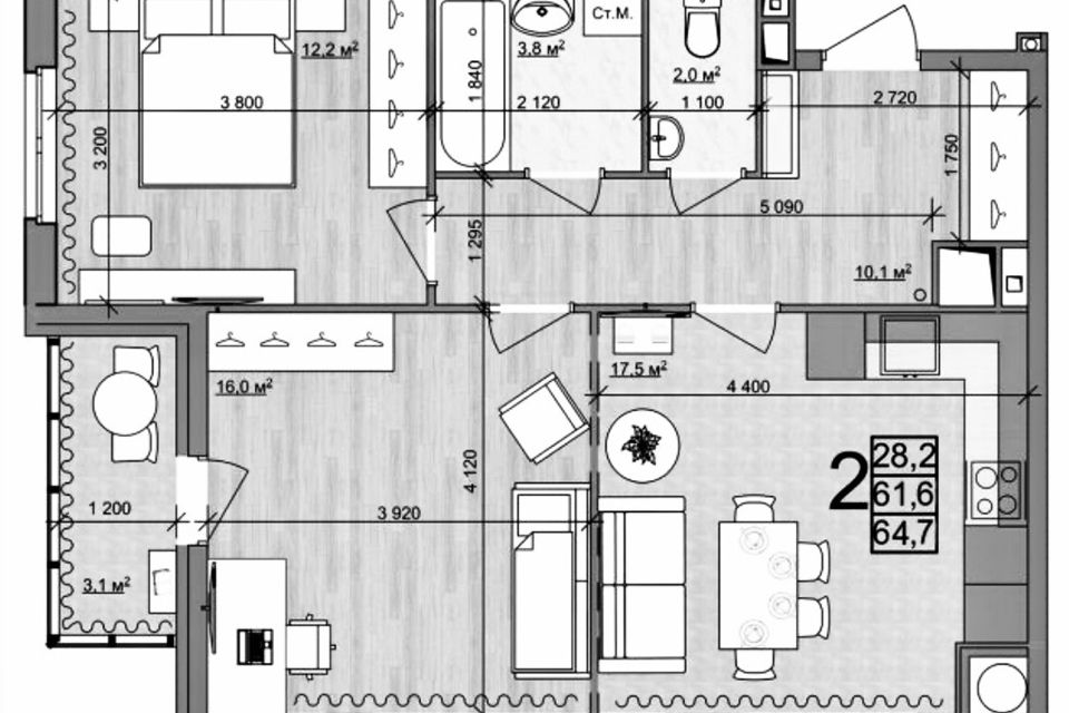 Продаётся 2-комнатная квартира, 65 м²