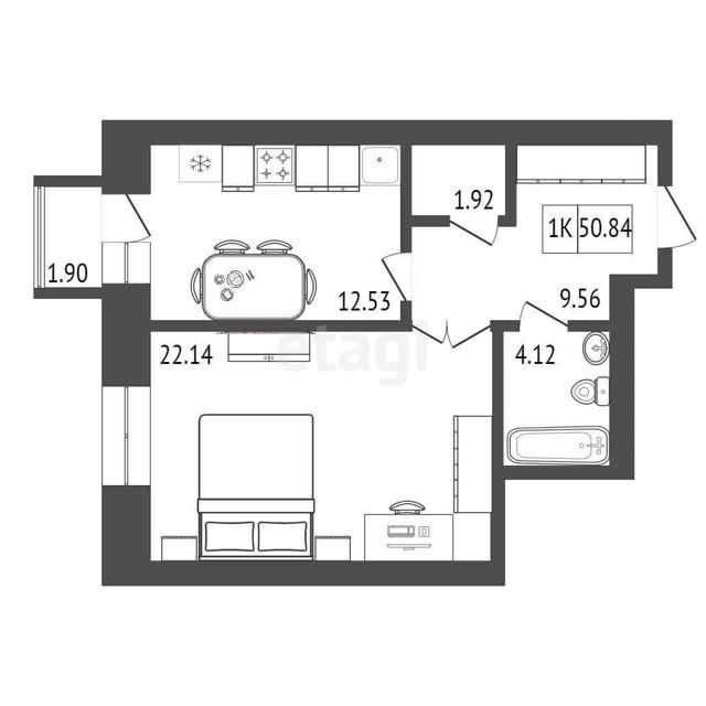Продаётся 1-комнатная квартира, 50.84 м²