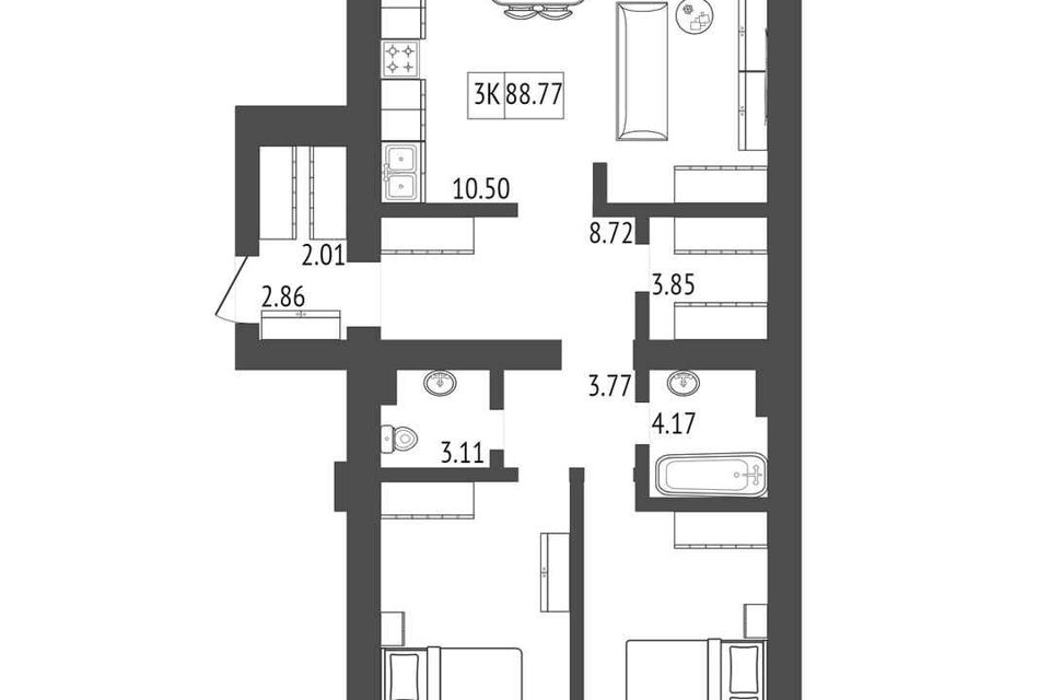 Продаётся 3-комнатная квартира, 88.77 м²