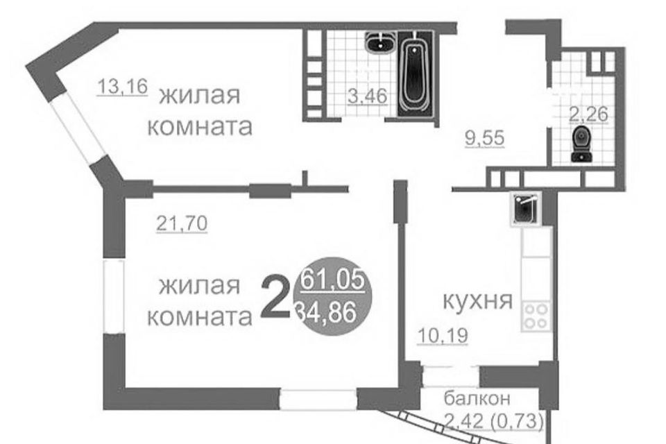 Продаётся 2-комнатная квартира, 59.9 м²