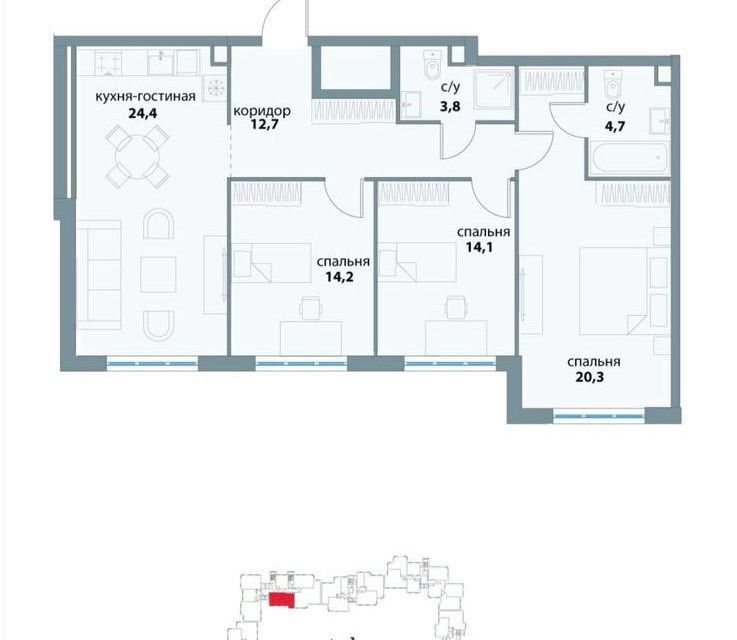 Продаётся 3-комнатная квартира, 94 м²