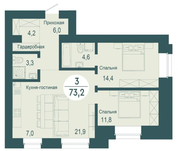 Продаётся 2-комнатная квартира, 73.2 м²