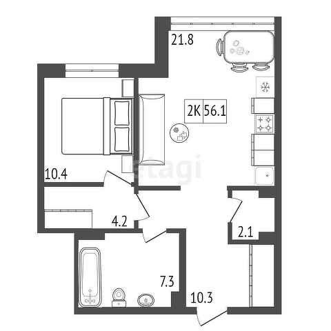 Продаётся 1-комнатная квартира, 56.1 м²