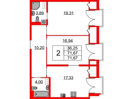 Продаётся 2-комнатная квартира, 71 м²