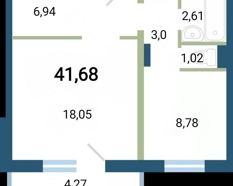 Продаётся 1-комнатная квартира, 41.68 м²