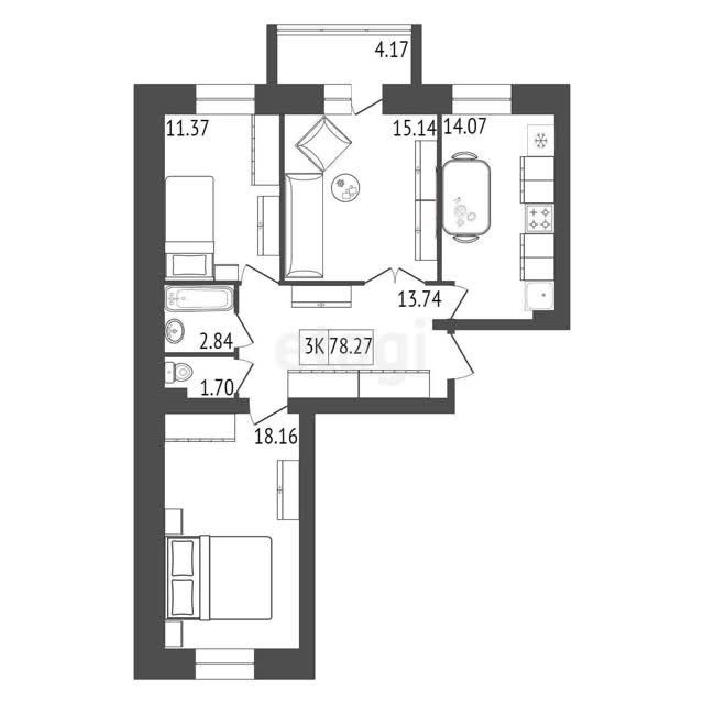 Продаётся 3-комнатная квартира, 78.27 м²