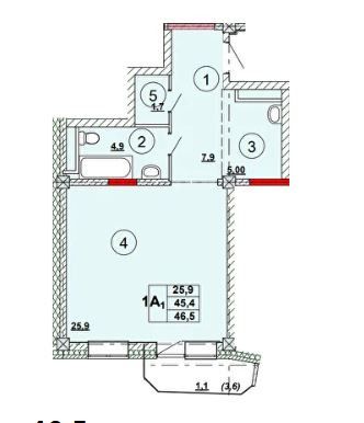 Продаётся 1-комнатная квартира, 46.5 м²