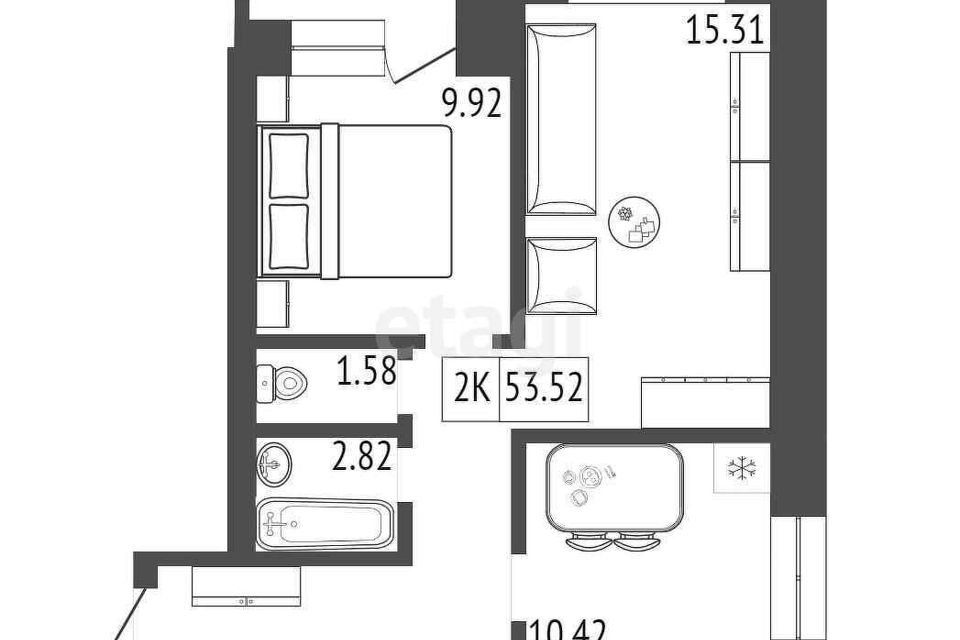 Продаётся 2-комнатная квартира, 53.52 м²