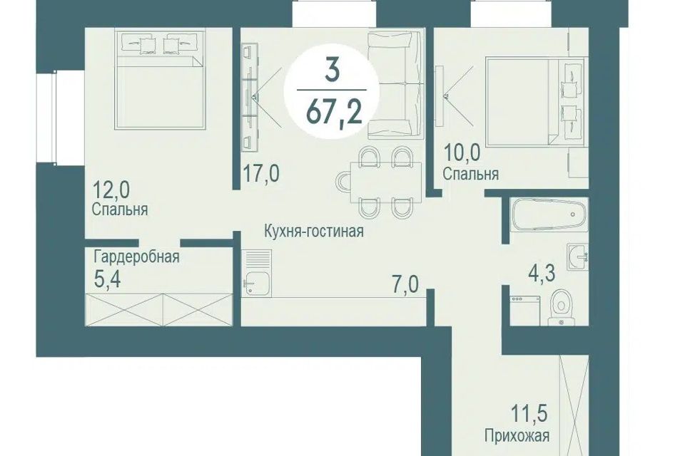 Продаётся 2-комнатная квартира, 67.2 м²