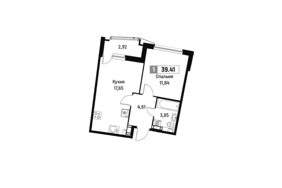 Продаётся 1-комнатная квартира, 39.41 м²