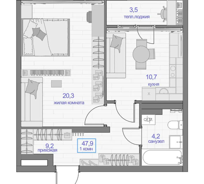 Продаётся 1-комнатная квартира, 47.9 м²
