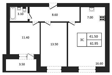 Продаётся 2-комнатная квартира, 61.95 м²