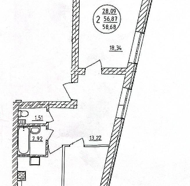 Продаётся 2-комнатная квартира, 58.68 м²