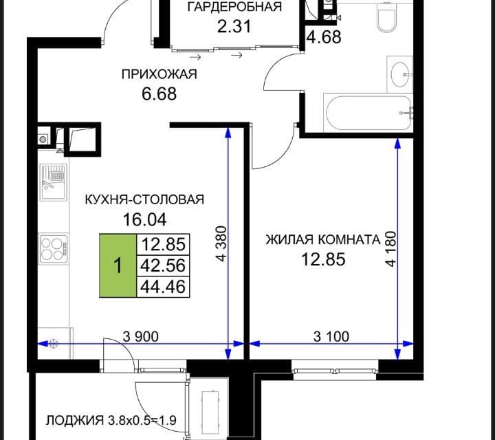 Продаётся 1-комнатная квартира, 44.46 м²
