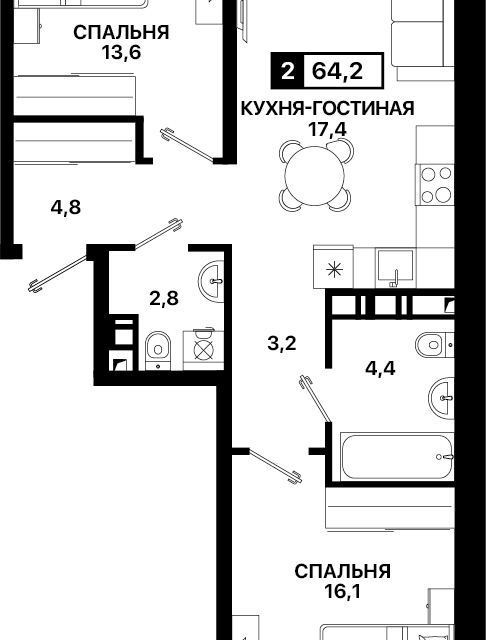 Продаётся 2-комнатная квартира, 64 м²