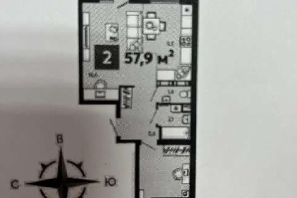 Продаётся 2-комнатная квартира, 57.9 м²