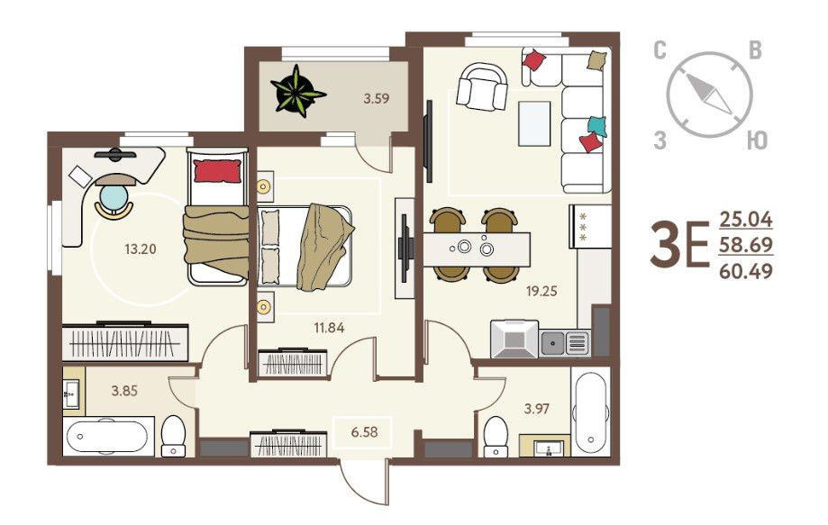 Продаётся 3-комнатная квартира, 60.49 м²
