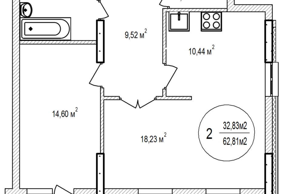 Продаётся 2-комнатная квартира, 62.81 м²