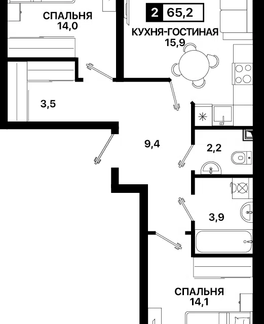 Продаётся 2-комнатная квартира, 65.2 м²