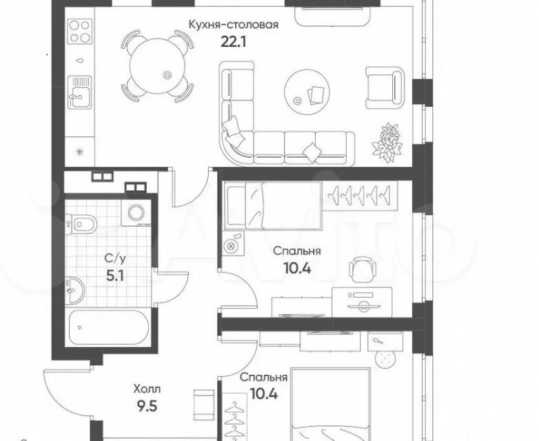 Продаётся 2-комнатная квартира, 58 м²