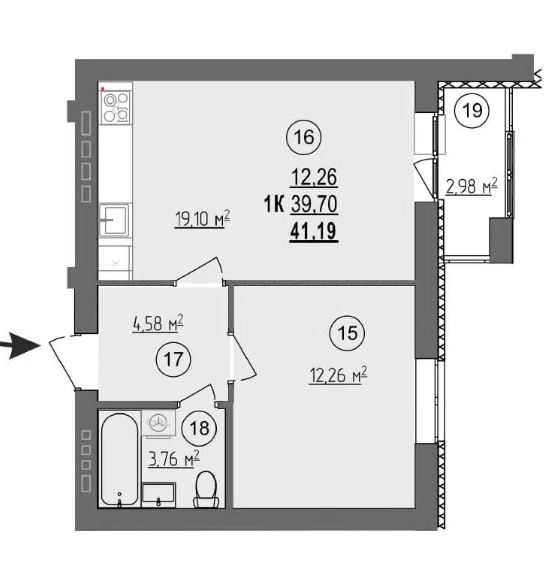 Продаётся 1-комнатная квартира, 41.2 м²