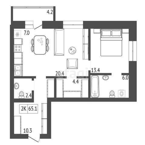 Продаётся 1-комнатная квартира, 65.1 м²
