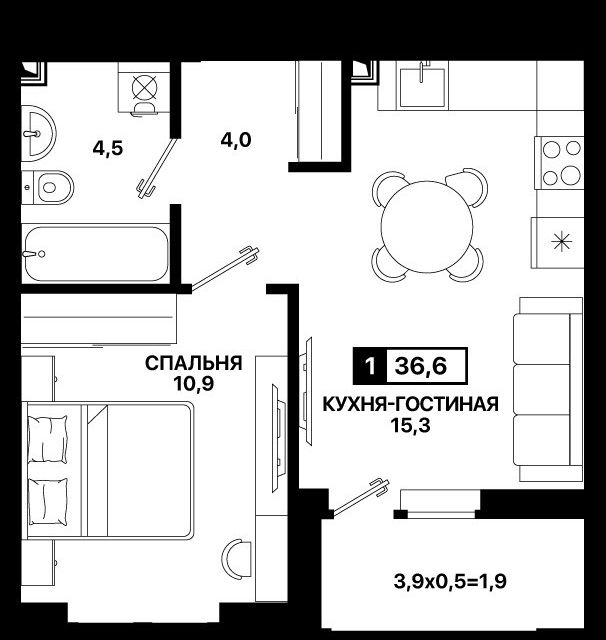 Продаётся 1-комнатная квартира, 36.5 м²