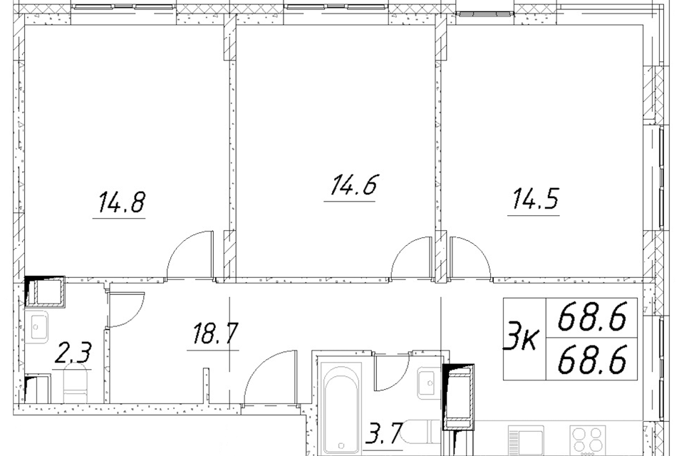 Продаётся 3-комнатная квартира, 68.6 м²