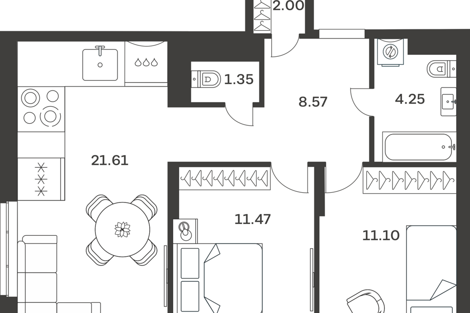 Продаётся 2-комнатная квартира, 60.35 м²