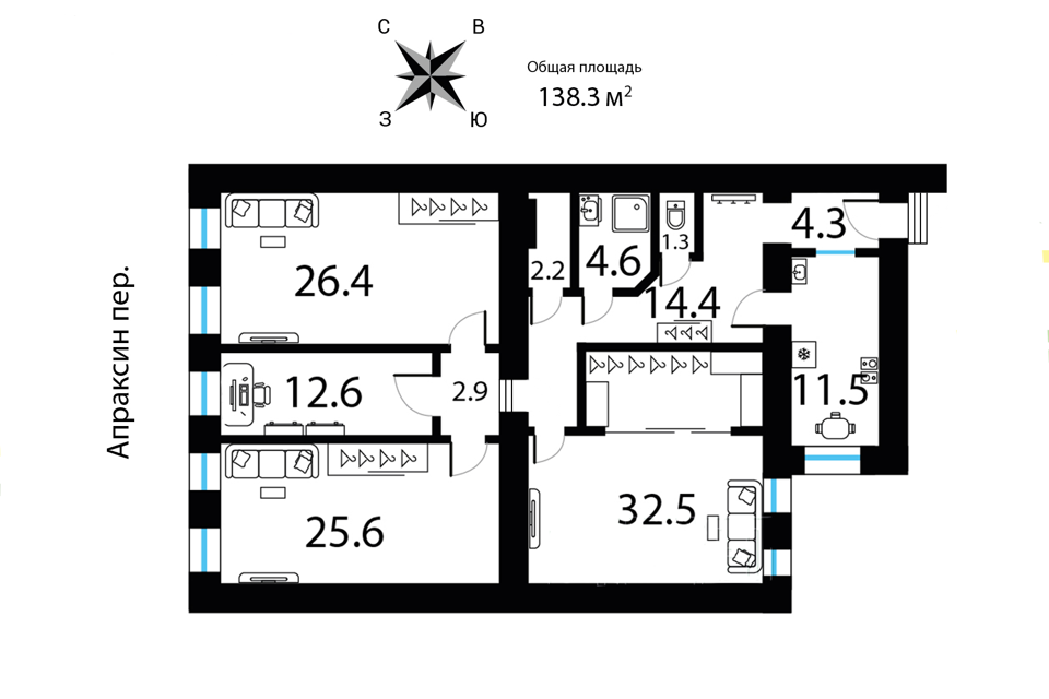Продаётся 4-комнатная квартира, 138.3 м²