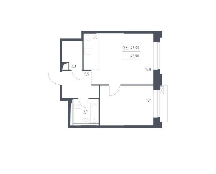 Продаётся 1-комнатная квартира, 46.9 м²