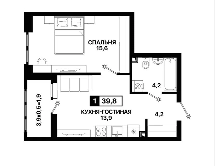 Продаётся 1-комнатная квартира, 39.8 м²