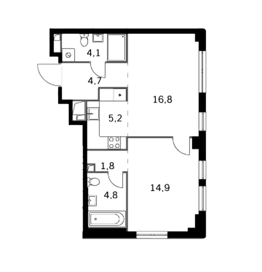 Продаётся 1-комнатная квартира, 52.3 м²