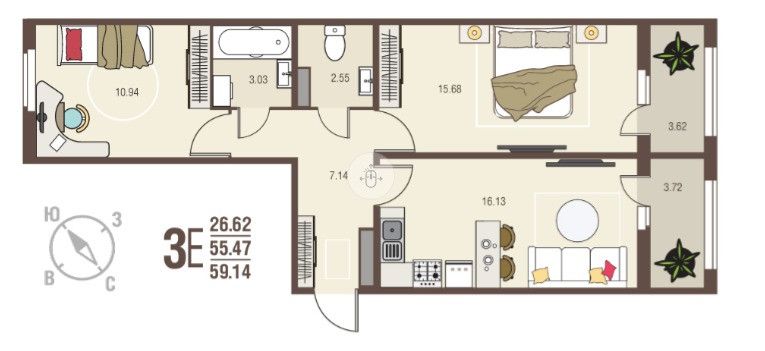 Продаётся 2-комнатная квартира, 59.14 м²