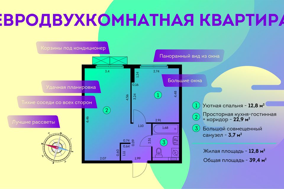 Продаётся 1-комнатная квартира, 39.4 м²