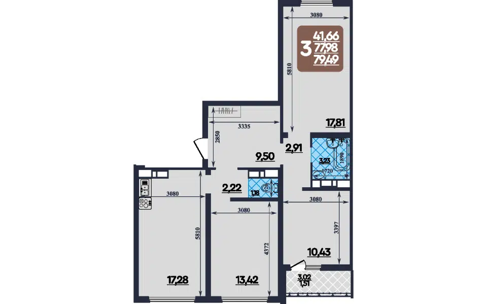 Продаётся 3-комнатная квартира, 79.5 м²