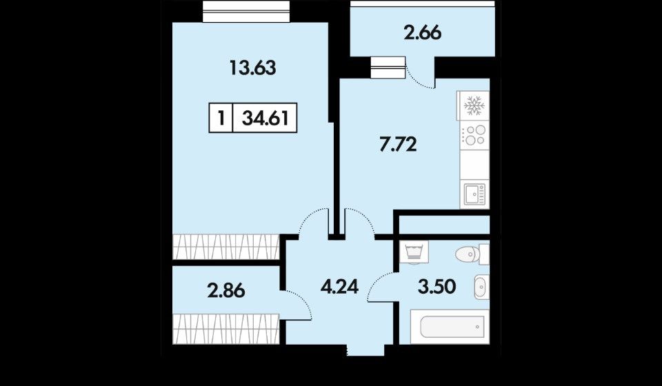 Продаётся 1-комнатная квартира, 34.69 м²
