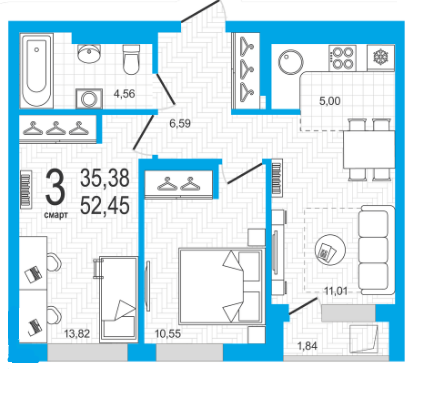 Продаётся 3-комнатная квартира, 52.45 м²