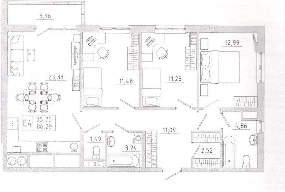 Продаётся 3-комнатная квартира, 86.3 м²