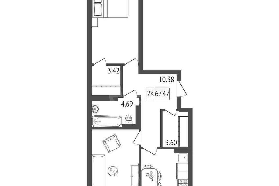 Продаётся 2-комнатная квартира, 68.25 м²