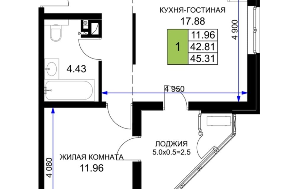Продаётся 1-комнатная квартира, 45.31 м²