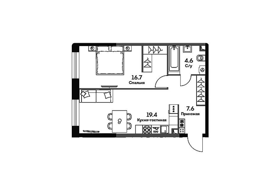 Продаётся 1-комнатная квартира, 48.3 м²