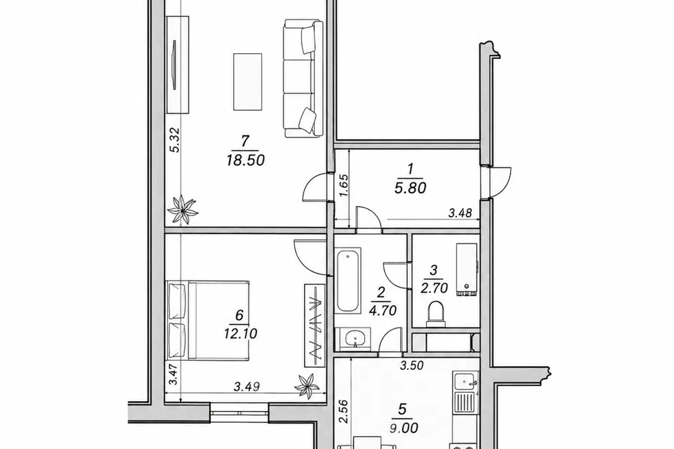 Продаётся 2-комнатная квартира, 54 м²