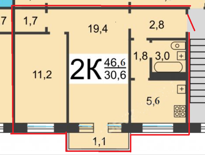 Продаётся 2-комнатная квартира, 46.6 м²