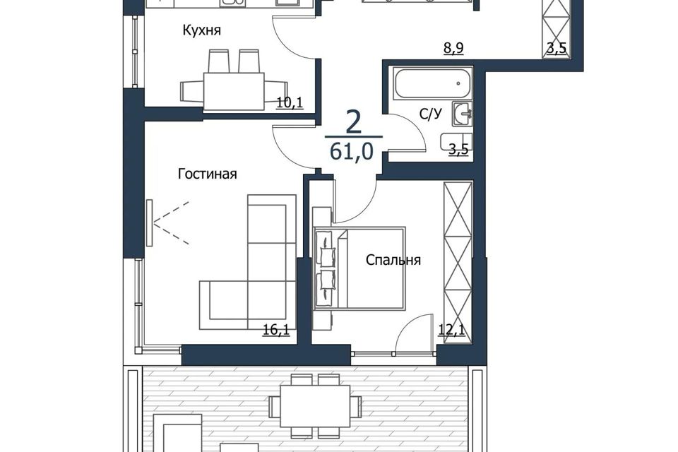Продаётся 2-комнатная квартира, 61 м²