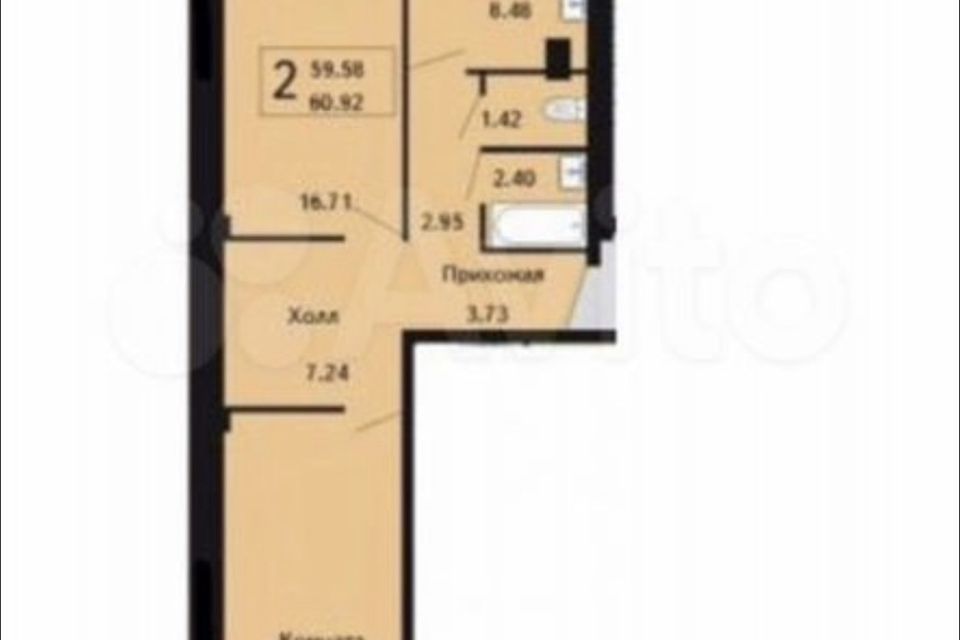 Продаётся 2-комнатная квартира, 60.3 м²