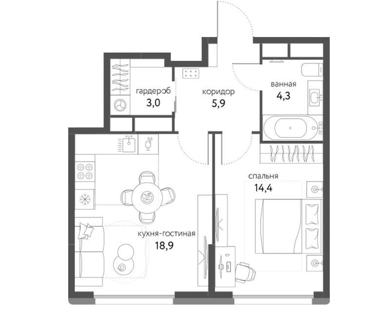 Продаётся 2-комнатная квартира, 46.5 м²